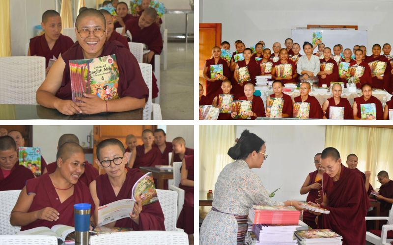Nuns at Sakya College for Nuns with their new textbooks