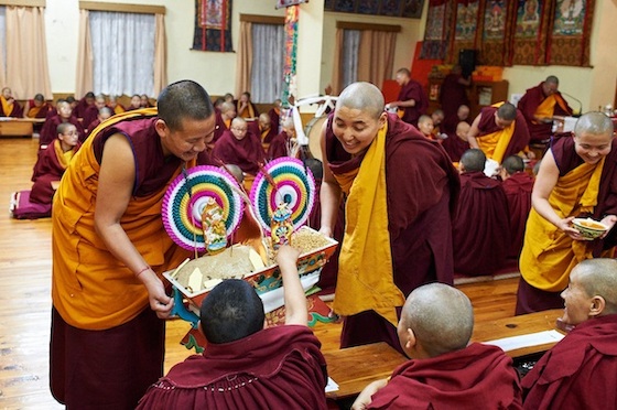 Tibetan Buddhist nuns offering at Losar Tibetan New Year